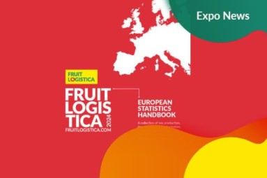 The cover of FRUIT LOGISTICA’s issue of the European Statistics Handbook with white letters on a red background. 