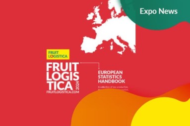 Das Cover des European Statistics Handbooks der FRUIT LOGISTICA, das aus weißer Schrift auf rotem Hintergrund besteht. 